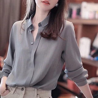 Áo Sơ Mi Lụa Satin Mỏng Tay Dài Màu Xám Cỡ Lớn Thời Trang Mùa Hè Cho Nữ