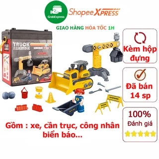 Đồ chơi xe ủi kèm cần trục nâng hàng, công nhân, biển báo có hộp đựng