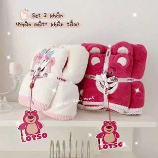 Set 2 khăn tắm gấu dâu LOSTO siêu mềm mịn thấm hút tốt kèm túi Zip - Bộ 2 món khăn mặt & khăn tắm Hàn Quốc hình gấu hồng