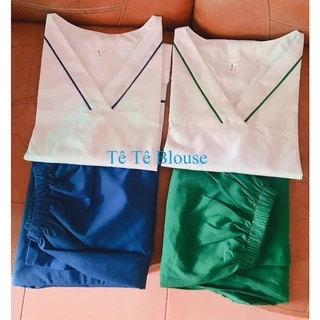 Quần Áo Blu Nữ Dược sỹ, Đồng Phục Quầy Thuốc,  Nhà Thuốc, Bộ Blouse Cổ Tim Màu Trắng Viền Xanh Lá, Xanh Dương