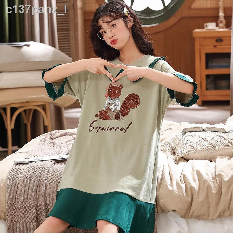 ﺴ Váy ngủ nữ bông tinh khiết tay ngắn mùa hè Sinh viên Hàn Quốc dễ thương cô gái hoạt hình đồ dài cỡ trung cộng có thể