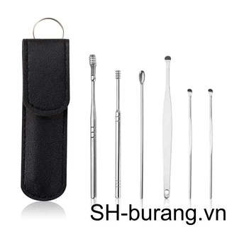 Set 6 Dụng Cụ Lấy Ráy Tai Bằng Thép Không Gỉ Với Túi Da Tiện Dụng