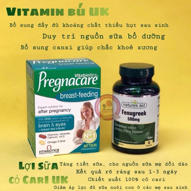 Lợi sữa vitamin bú Pregnacare breastfeeding và cỏ cà ri Fenugreek hàng chính hãng UK