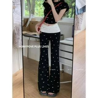 honypove Phù Hợp Với Nữ Rỗng Slim-fit Nơ Áo Thun Mùa Hè Màu Sắc Tương Phản Quần Thường Ngày Bộ Đồ Hai Mảnh