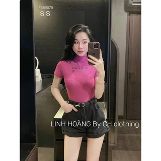 Áo thun cổ lo MIU MIU thun gân len, Áo croptop nữ body trơn ngắn tay cổ lọ chất thun gân 🏝🏝🏝VKV alohastore1