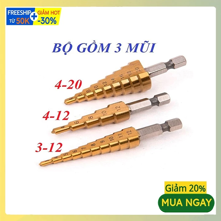 Bộ 3 mũi khoan tháp đa năng phủ titan siêu cứng, khoan nhiều cỡ lỗ