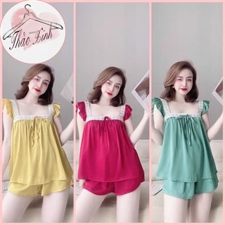 👉👉sét đồ ngủ 2 tay cánh tiên 👉👉 phối ren quần đùi, đồ bộ lụa satin cao cấp