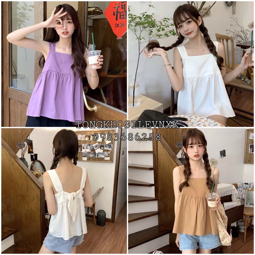 (ĐŨI L1) ÁO BABYDOLL 2 DÂY THẮT NƠ LƯNG TÍM BE TRẮNG ULZZANG - ÁO ĐŨI DÂY BẢN TO NƠ SAU