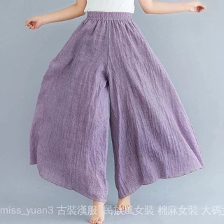 Eo Đàn Hồi Mori Nữ Văn Học Màu Trơn Phong Cách Dân Tộc Culottes Vải Lanh Cotton Size Lớn Viền Lớn