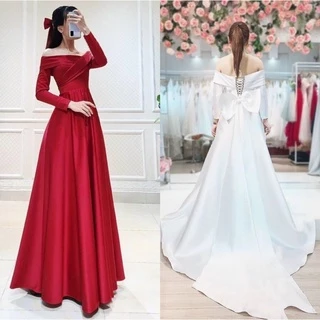 ĐẦM CƯỚI BẸT VAI TAY DÀI NƠ LƯNG ĐÍNH NƠ LƯNG FULL SIZE :S/M/L/XL ( ẢNH VÀ VIDEO CHỦ SHOP TỰ QUAY 10000%)