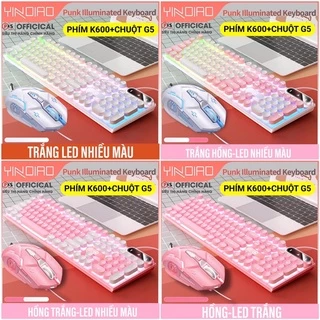 Combo Bàn Phím Chuột Máy Tính Laptop Có Dây Giả Cơ YINOAO K600-G5 LED Xuyên Chữ Nhiều Màu Sắc Trắng Xanh Hồng Tím