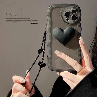 Ốp điện thoại trong suốt hình tim 3D có dây đeo hạt thích hợp cho Iphone 7 8 PLUS X XR XS 11 12 13 14 PRO MAX SE 2020