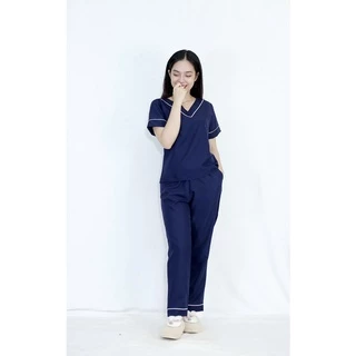 Pijama nữ mặc nhà P8 XANH ĐEN set đồ bộ tay ngắn quần dài cổ tim phối viền cực xinh