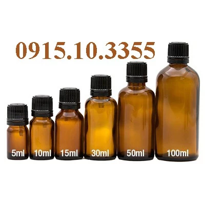 Chai lọ đựng tinh dầu thủy tinh mầu Nâu nắp đen nhỏ giọt 50ml