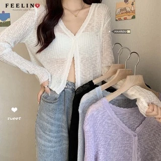 Áo khoác cardigan len mỏng dệt kim dáng croptop cổ V 1 khuy khoác ngoài siêu hot