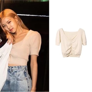 Blackpink Rose Áo croptop dệt kim tay ngắn phong cách