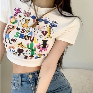 【WANG JIAO ZHAN】Áo croptop thun ngắn tay in graffiti thời trang  dành cho nữ【6768】