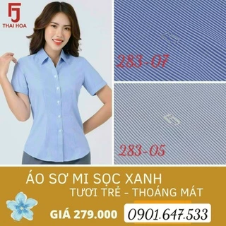 Áo sơ mi Thái Hòa vải sợi tre sọc thẳng xanh 283