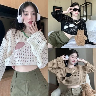 Áo Lưới Crop Top Cổ Tròn Xuyên Thấu Gợi Cảm Cho Nữ