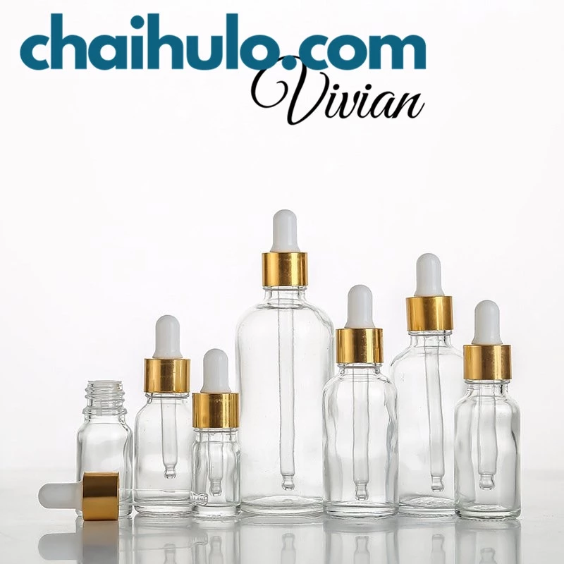 Chai thủy tinh, lọ đựng tinh dầu serum thân trong nắp bóp nhôm vàng nhỏ giọt đủ loại dung tích