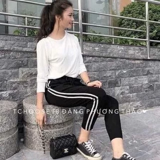 Quần thể thao nữ dài màu đen Phối 2 sọc trắng chất vải mát UMI hàn Quần jogger nữ dây rút tập gym 2 túi mặc đi học ở nhà