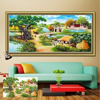 Tranh đính đá Cây Đa Đầu Làng KT:133×75 cm - 1m6x75cm