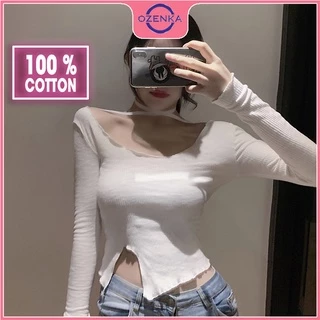 Áo thun croptop tay dài sẻ gấu cổ rộng nữ OZENKA chất thun gân cao cấp 100% cotton màu đen trắng free size dưới 50 cân