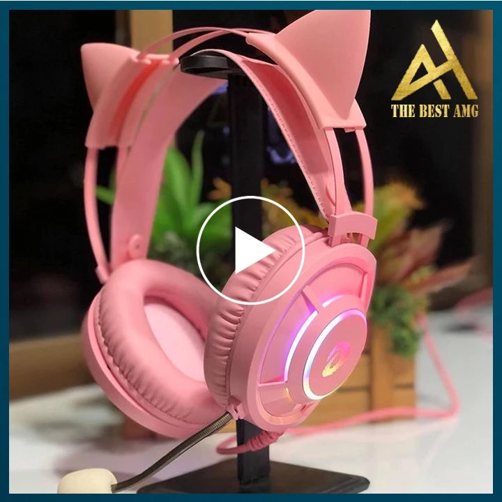 Tai Nghe Máy Tính Có Mic Gaming Led Rgb Headphone Chụp Tai DAREU EH416 Tai Mèo Màu Hồng Nghe Nhạc Chơi Game Có Dây