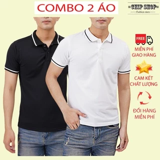 ( COMBO 2 ÁO ) Áo thun nam ngăn tay có cổ 2 áo màu đen + trắng