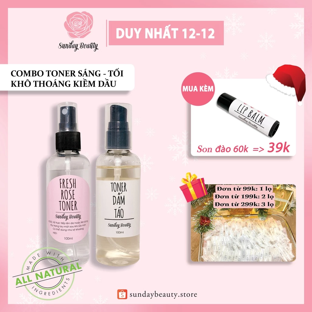 Combo toner hoa hồng + toner dấm táo cho da dầu mụn handmade Sunday Beauty