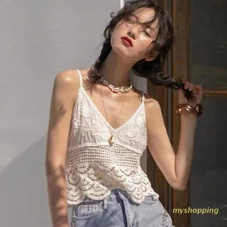 Áo Croptop Hai Dây Dệt Kim Thêu Hoa Cổ Chữ V Dáng Ôm Thời Trang Cho Nữ