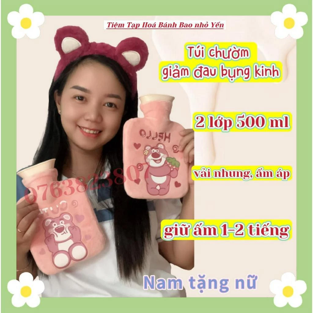 Túi chườm nhung 2 lớp 500ml giảm đau bụng kinh hình gấu dâu - hoả tốc cần thơ