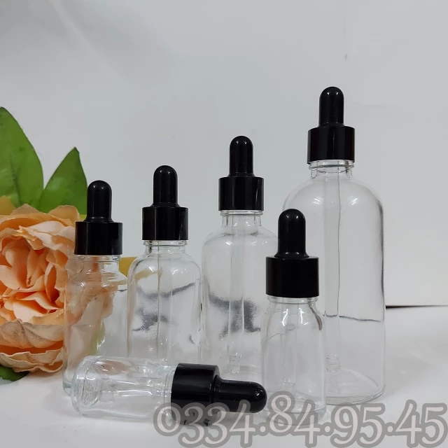 Chai thủy tinh thân TRONG nắp bóp ĐEN 5ml 10ml 15ml 20ml 30ml 50ml 100ML - Lọ đựng serum, tinh dầu, mỹ phẩm du lịch.