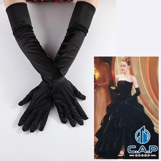 Găng tay đen dài satin vải lụa dùng dự dạ tiệc thời trang chống nắng cho nữ