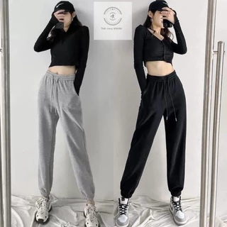 Quần jogger nữ ống rộng thể thao bo gấu cạp chun dây rút chất vải nỉ da cá dáng bom Quần nỉ ống suông rộng màu xám đen