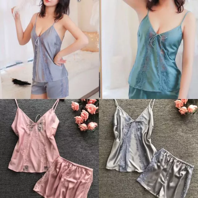 Set bộ đồ ngủ lụa phối ren, áo 2 dây đệm mỏng kèm quần short