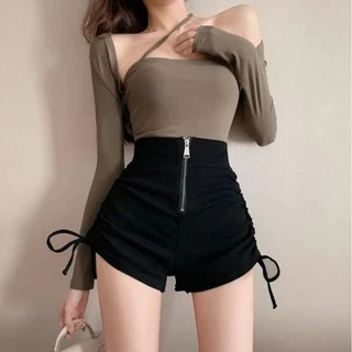 Quần Short Lưng Cao Kiểu Dây Rút Có Khóa Kéo Plus Size S-3XL Phong Cách Hàn Quốc Cho Nữ