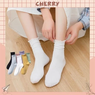 Tất cổ cao nữ bèo nhún, vớ bèo nhún nữ cổ cao màu trơn basic thời trang Vintage Hàn Quốc- Cherry Shop