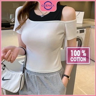 Áo croptop trễ vai cộc tay nữ OZENKA , crt ôm body thun gân 100% cotton đẹp màu đen trắng