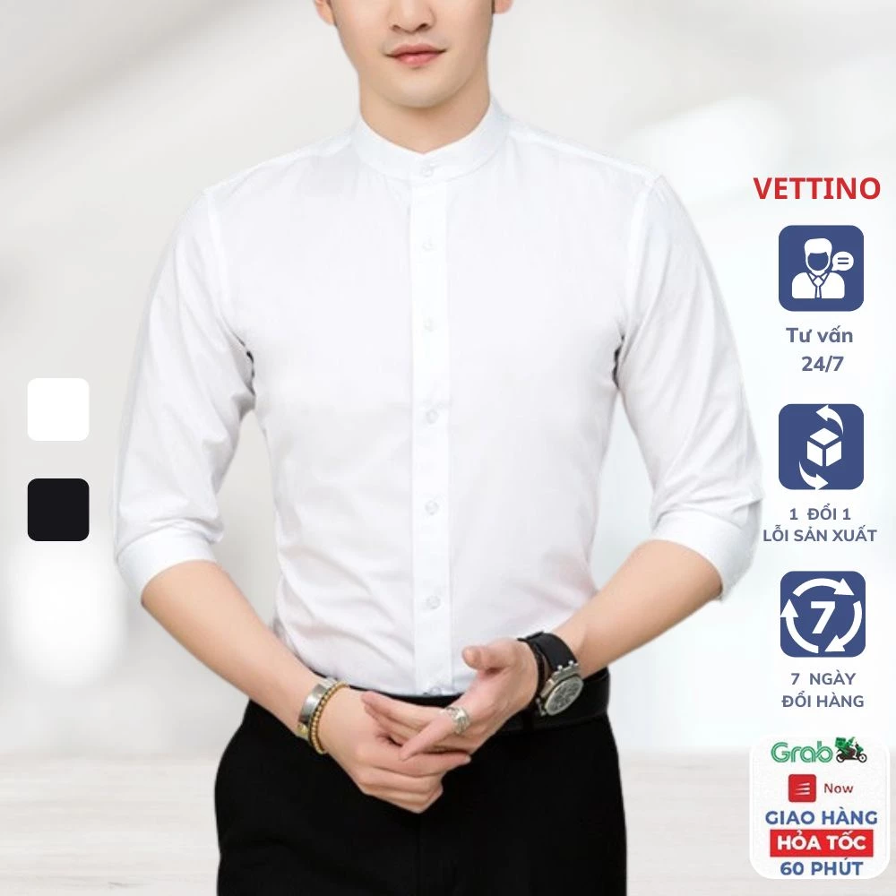 Áo sơ mi nam cổ tàu Vettino áo sơ mi nam cổ trụ vải cao cấp chống xù chống phai
