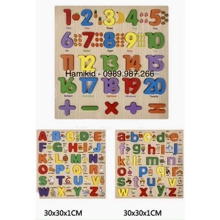 Đồ chơi gỗ - Bảng chữ cái và số nổi song ngữ có hình minh họa cho bé phát triển trí tuệ