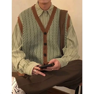 【S-3XL】Áo Khoác Cardigan Nam Dệt Kim Cổ Chữ V Dáng Rộng Phong Cách Hàn Quốc Cho Giới Áo Ghi Lê Nữ Áo Len Không Tay Cổ Chữ V Cardigan Caro