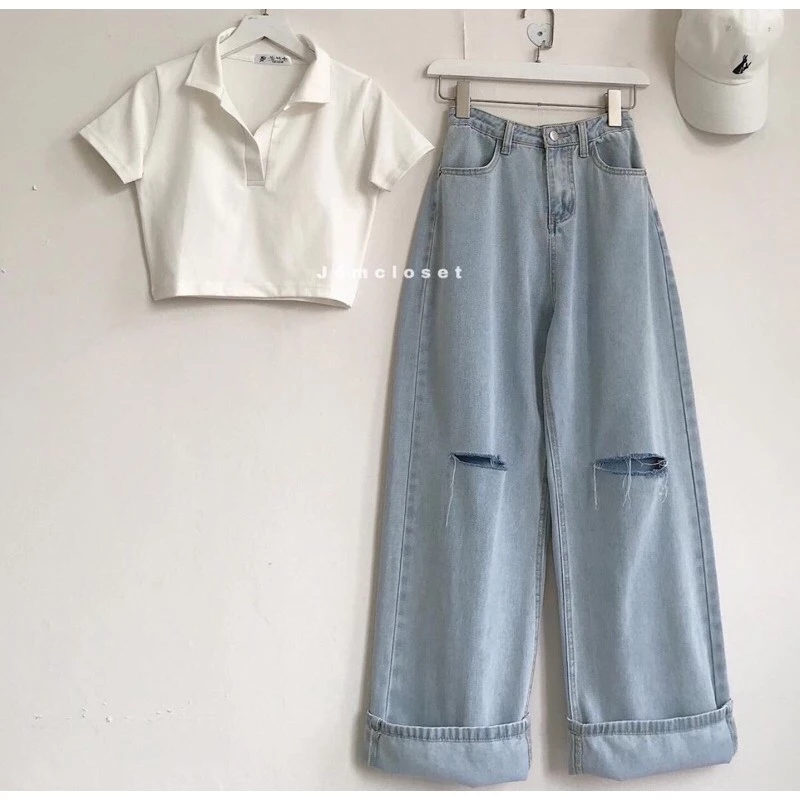 Baggy jeans ống suông rách gối + crop petter