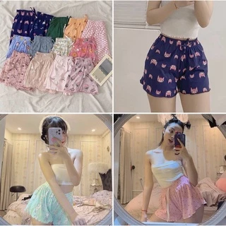 Quần Short thun xòe nhiều hoạ tiết cạp chun, Quần ngủ vải cotton mịn mát co giãn A11