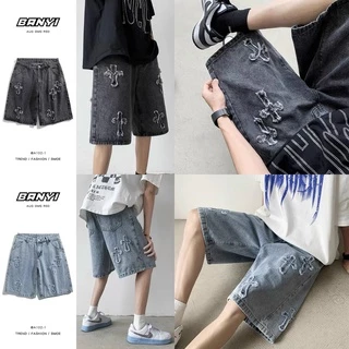 Quần Short Jean Thêu Chữ Thập Unisex Nam Nữ Chất Dày Dặn