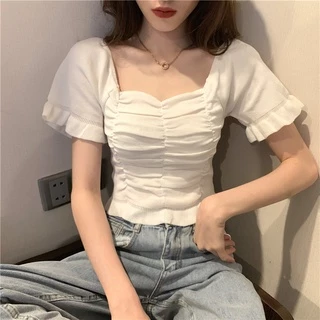 【WANG JIAO ZHAN】 Áo Croptop Dệt Kim Cổ Vuông Xếp Ly Ngắn Tay Thời Trang Nữ【549】