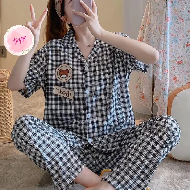 Bộ pijama nữ quần dài TOZZO  kẻ caro mặc đi ngủ ở nhà dễ thương form bigsize 50-62Kg PACQD02