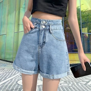 Quần short denim ống rộng lưng cao phong cách cá tính thời trang Hàn Quốc cho nữ