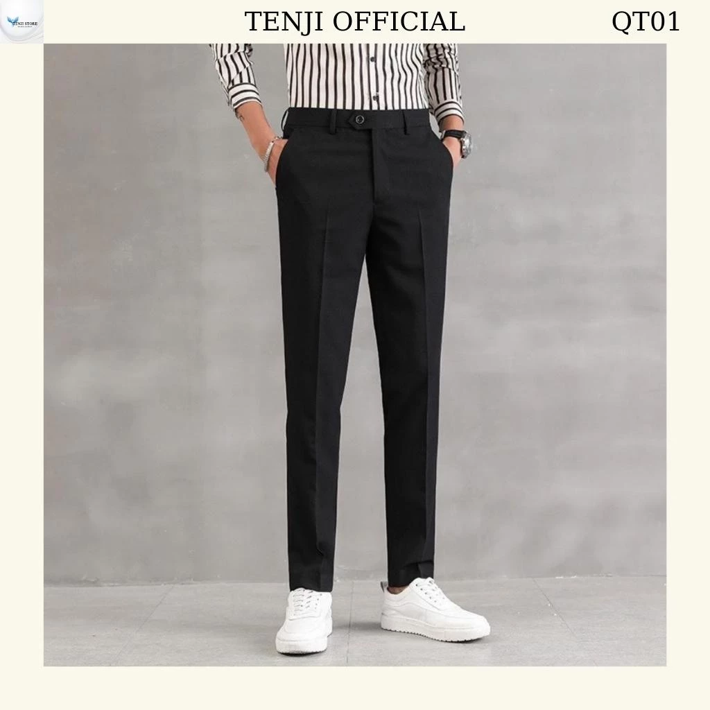 Quần âu nam TENJI đen chất kaki bai tuyết co dãn họa tiết trơn dáng kinny QT01 size (28- 32 +34)