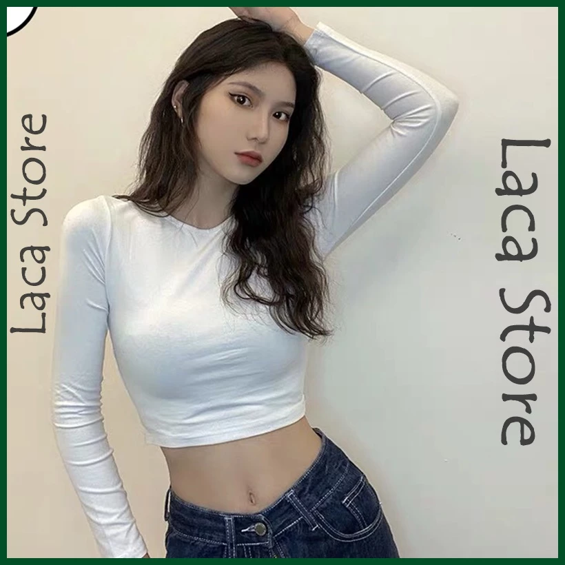 Áo croptop tay dài thun gân cotton mềm có big size tới 70kg B5-1 LACA STORE B5-1, crt form ôm body basic